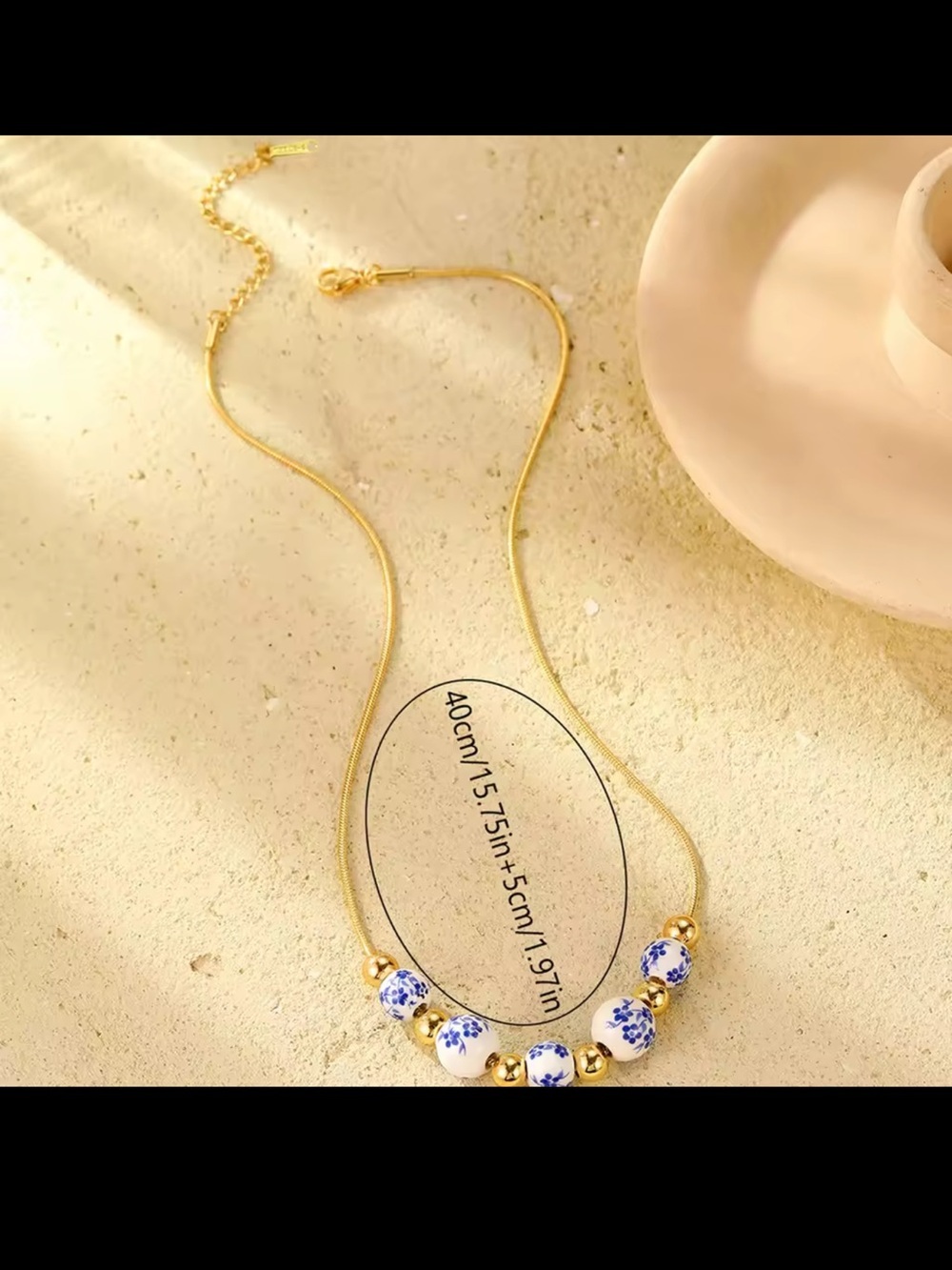 Gold Chain Necklace with Blue and White Floral Beads - Picture 7 of 8
